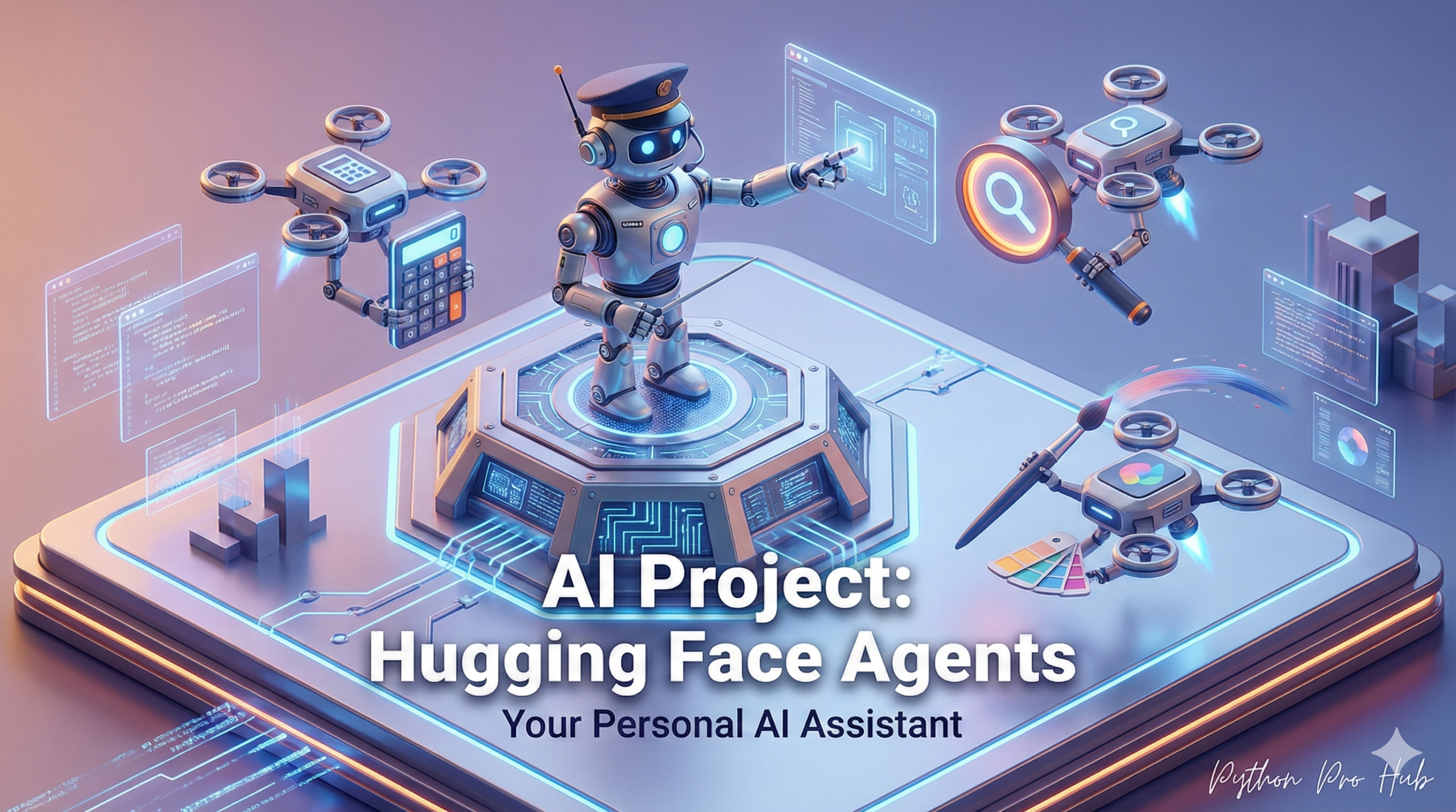 3D isometric illustration of a commander robot directing specialized tool drones, representing Hugging Face Agents.