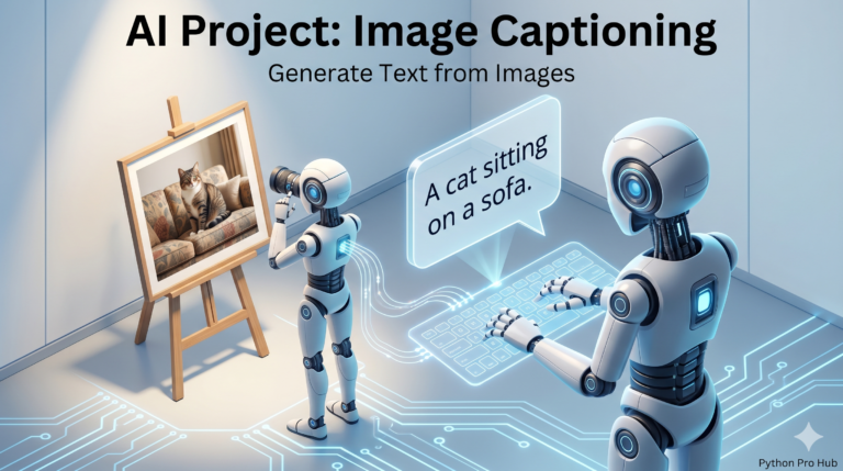 3D isometric illustration of a robot looking at a photo of a cat and typing a text description, representing AI image captioning.