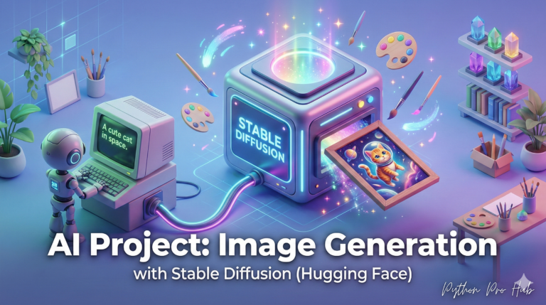 3D isometric illustration of a machine turning a text prompt into a painting of a cat, representing Stable Diffusion image generation.
