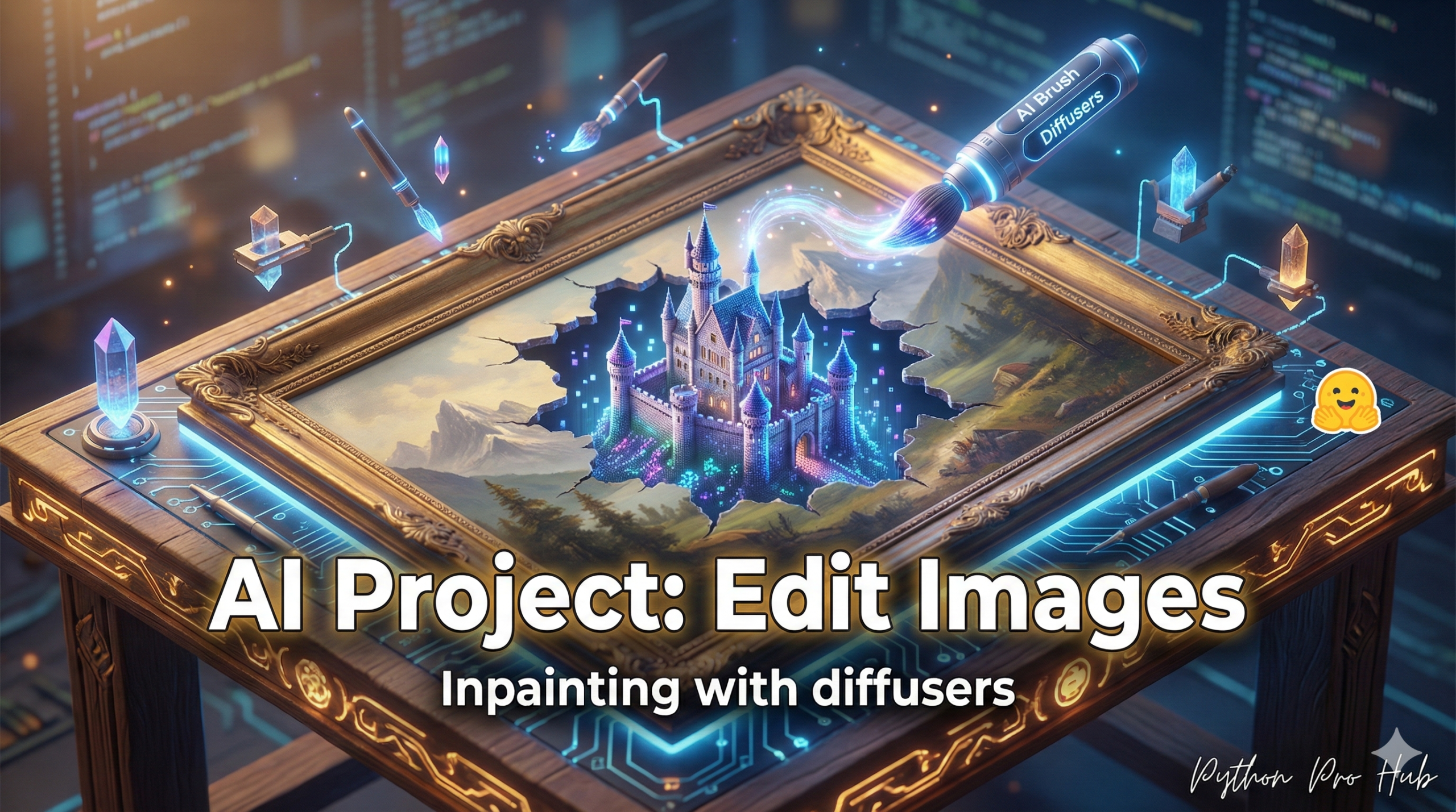 3D isometric illustration of a digital brush filling a hole in a painting with a new castle, representing AI inpainting with diffusers.
