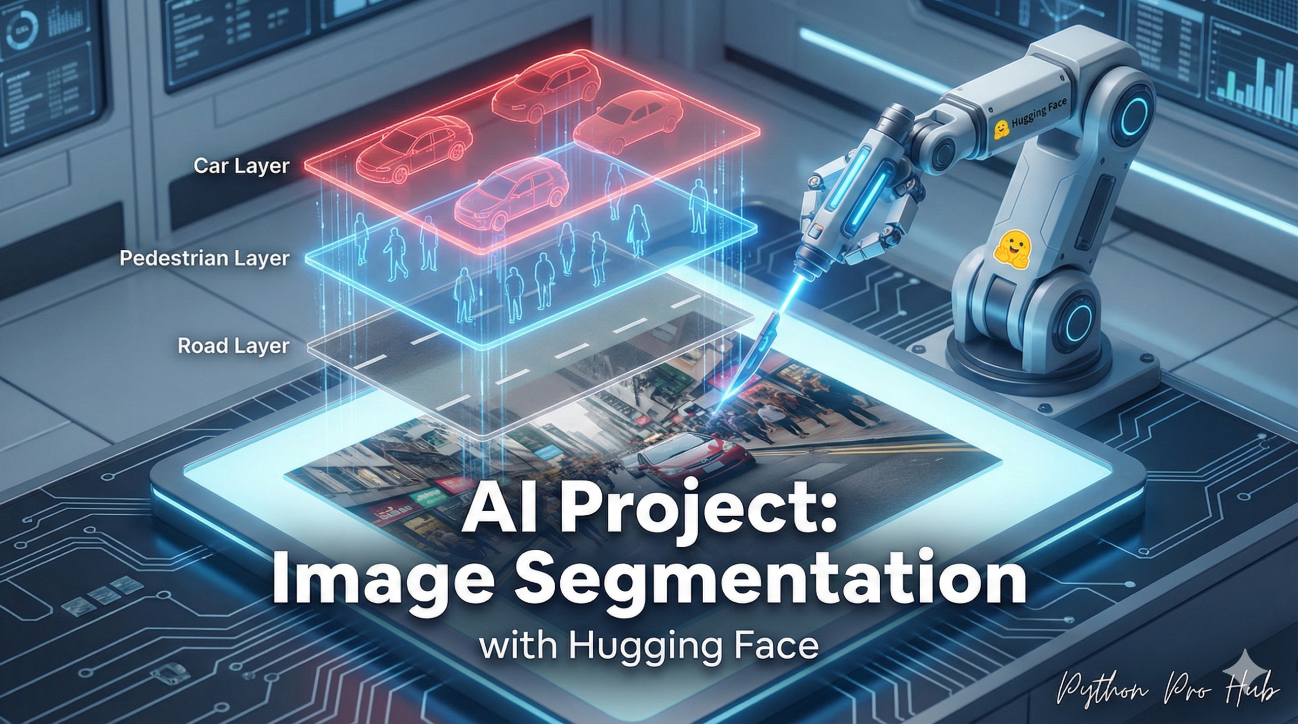 3D isometric illustration of a robot separating a photo into distinct color-coded layers, representing AI image segmentation.
