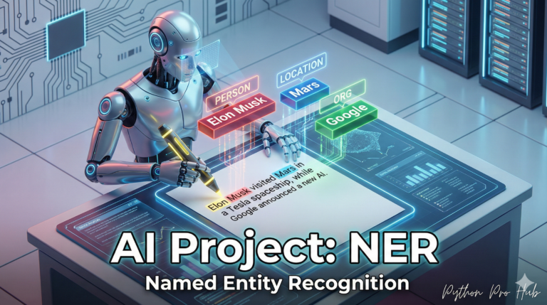 3D isometric illustration of a robot highlighting text into 3D blocks labeled Person, Location, and Org, representing Hugging Face NER Named Entity Recognition.