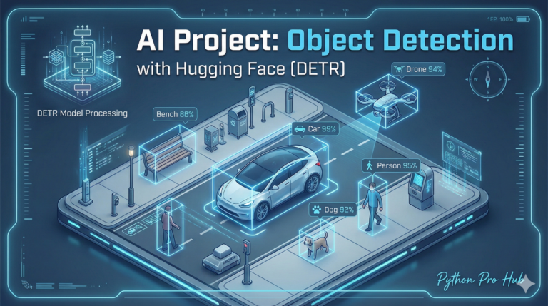 3D isometric illustration of a street scene with glowing bounding boxes around objects, representing AI object detection with DETR.