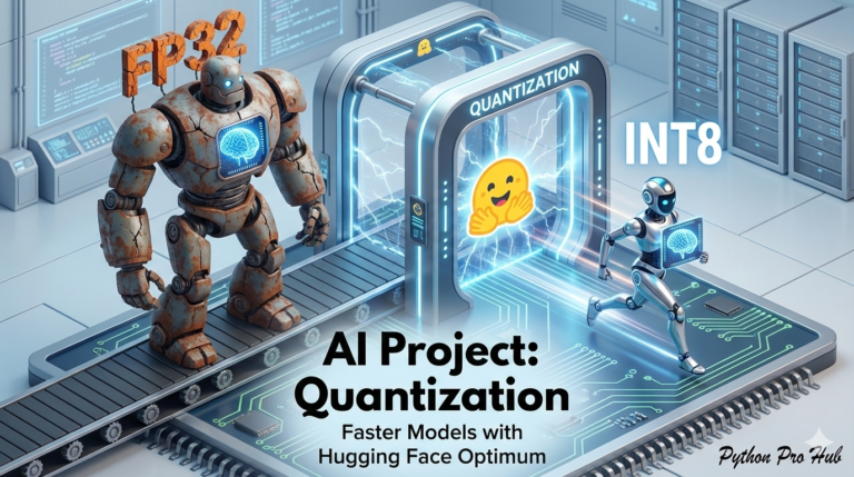 3D isometric illustration of a giant robot shrinking into a tiny, fast robot, representing model Hugging Face quantization.