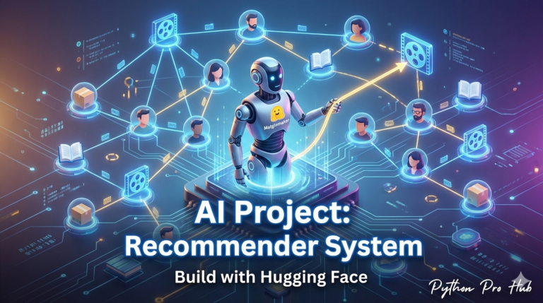 3D isometric illustration of a robot drawing a gold connection line between a user and a recommended movie, representing a recommender system.