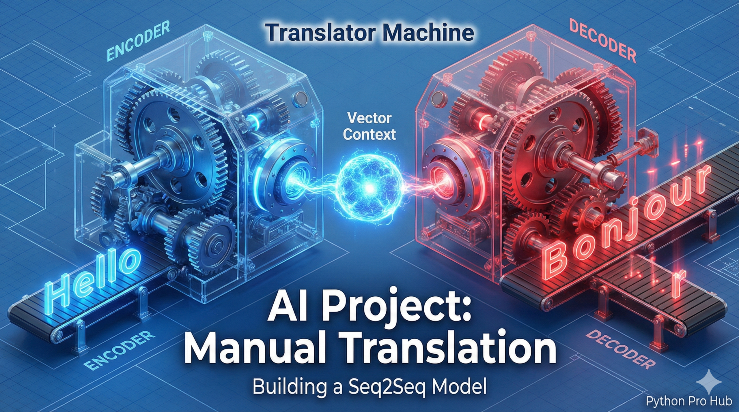 3D isometric cutaway of a machine encoding text into energy and decoding it back into a new language, representing a Seq2Seq model.
