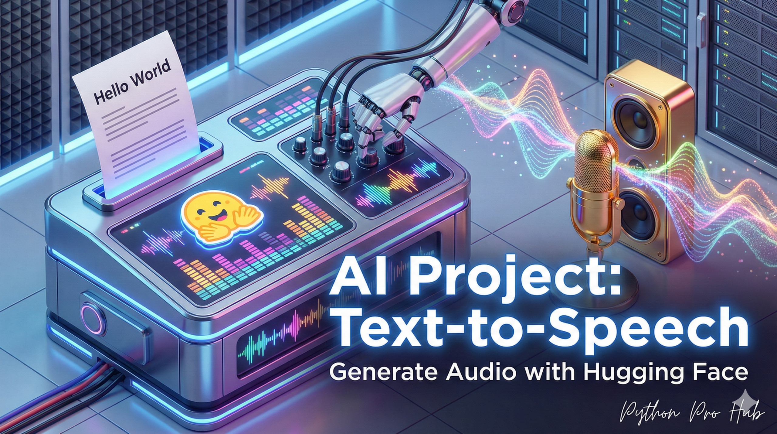 3D isometric illustration of a machine converting a text script into vibrant sound waves via a microphone, representing AI text-to-speech.