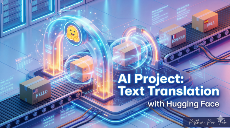 3D isometric illustration of a package changing languages as it passes through a Hugging Face gateway, representing AI translation.