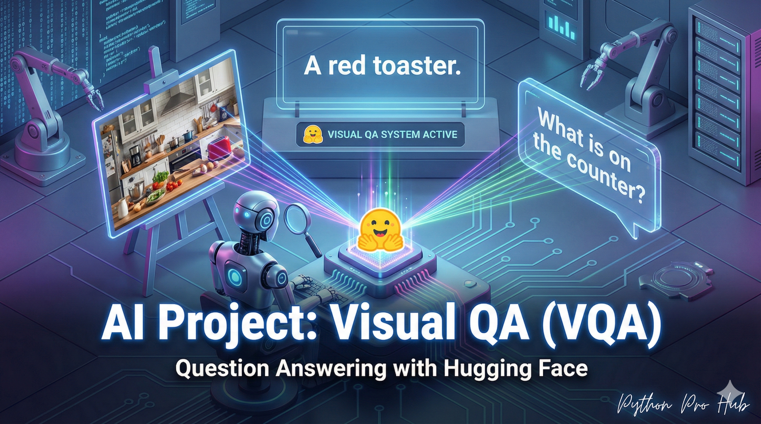 3D isometric illustration of a robot analyzing a photo and a text question to generate a text answer, representing Visual Question Answering.