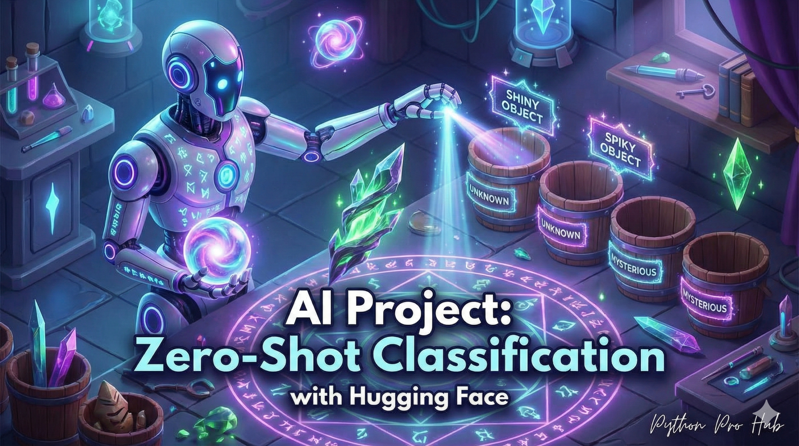 3D isometric illustration of a robot instantly categorizing unknown objects into new buckets, representing Zero-Shot classification.