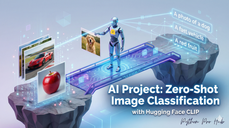 3D isometric illustration of a robot connecting a photo to a text description via a laser beam, representing CLIP Zero-Shot classification.