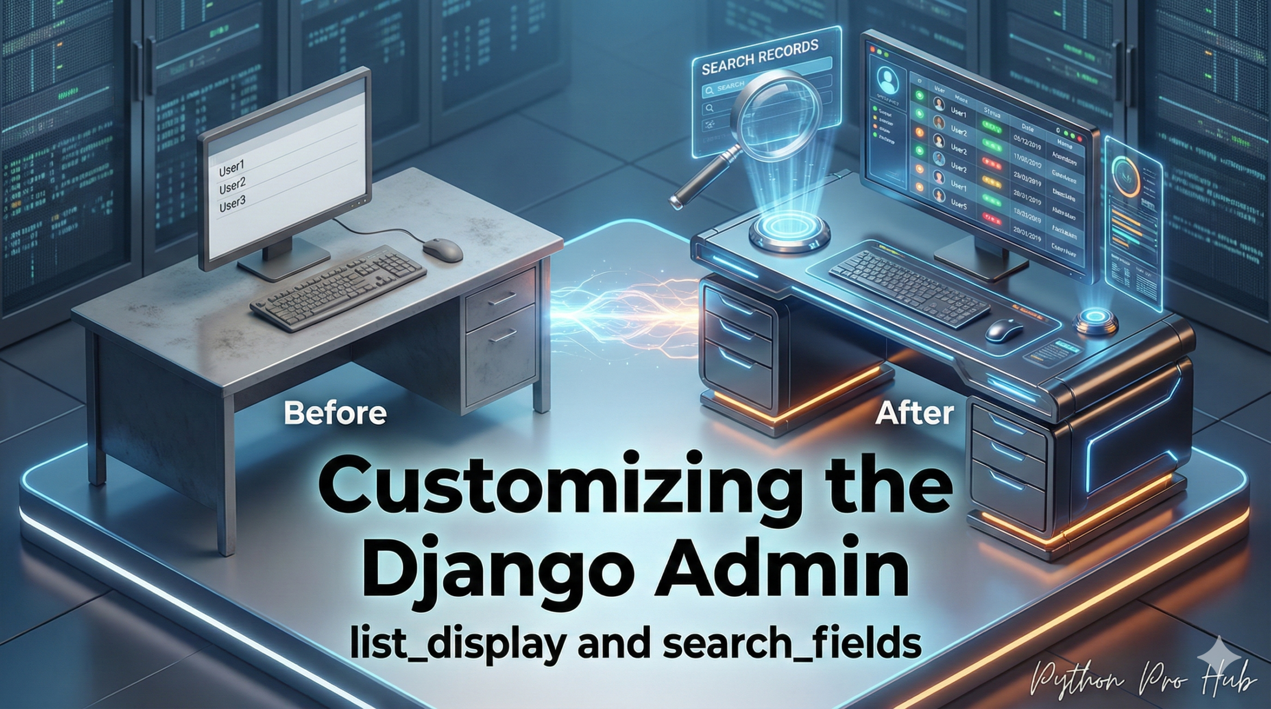 3D isometric illustration of a basic desk transforming into a high-tech dashboard with searchlights, representing Django Admin customization.
