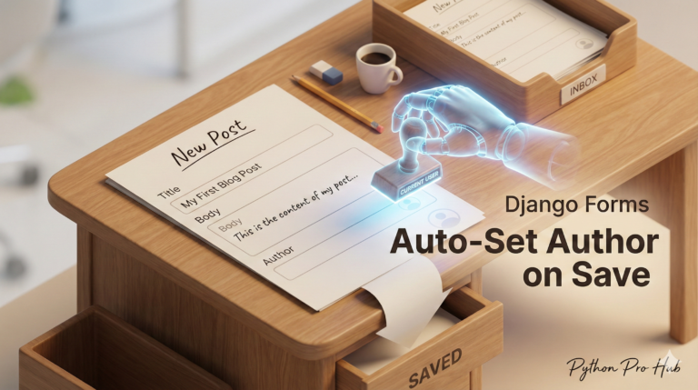 3D visualization of a robotic hand automatically stamping the 'Author' field on a form before it is saved, representing Django form automation.