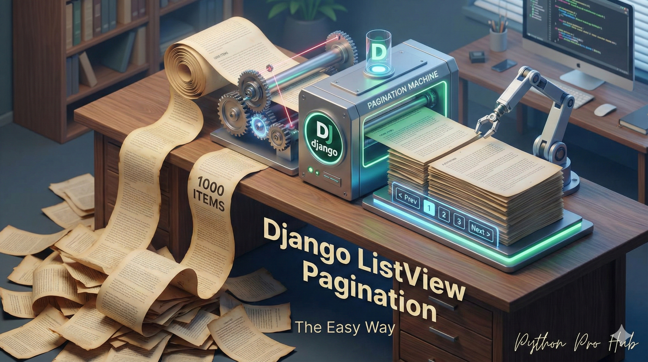 3D visualization of a machine cutting a long scroll into neat pages with navigation buttons, representing Django pagination.