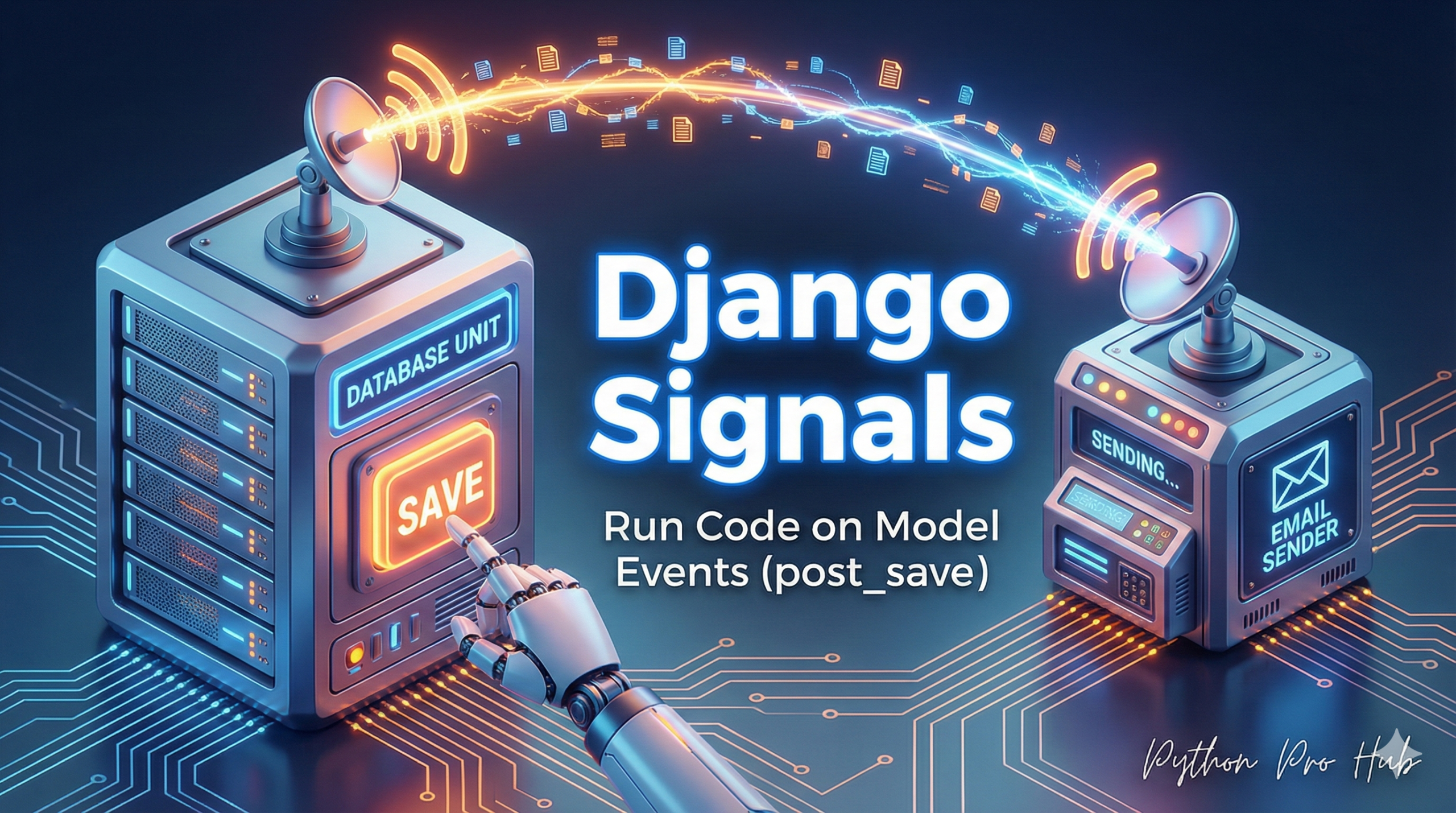3D visualization of a database save button triggering a wireless signal to activate a distant email machine, representing Django signals.