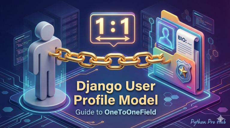 3D visualization of a User avatar connected via a rigid pipe to a Profile folder, representing a Django OneToOneField.