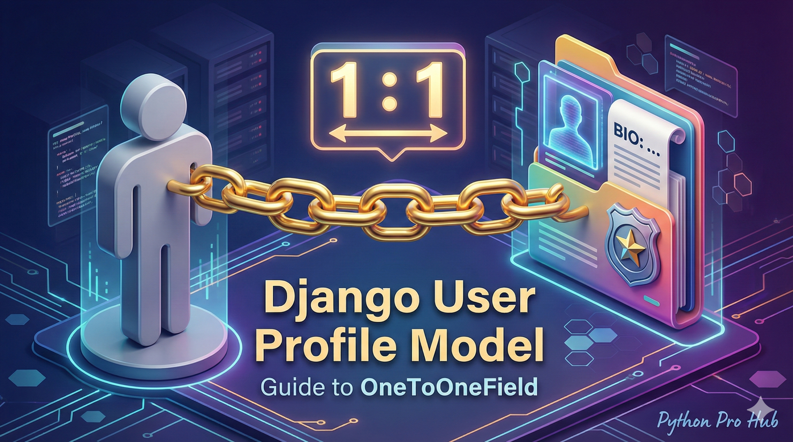 3D visualization of a User avatar connected via a rigid pipe to a Profile folder, representing a Django OneToOneField.