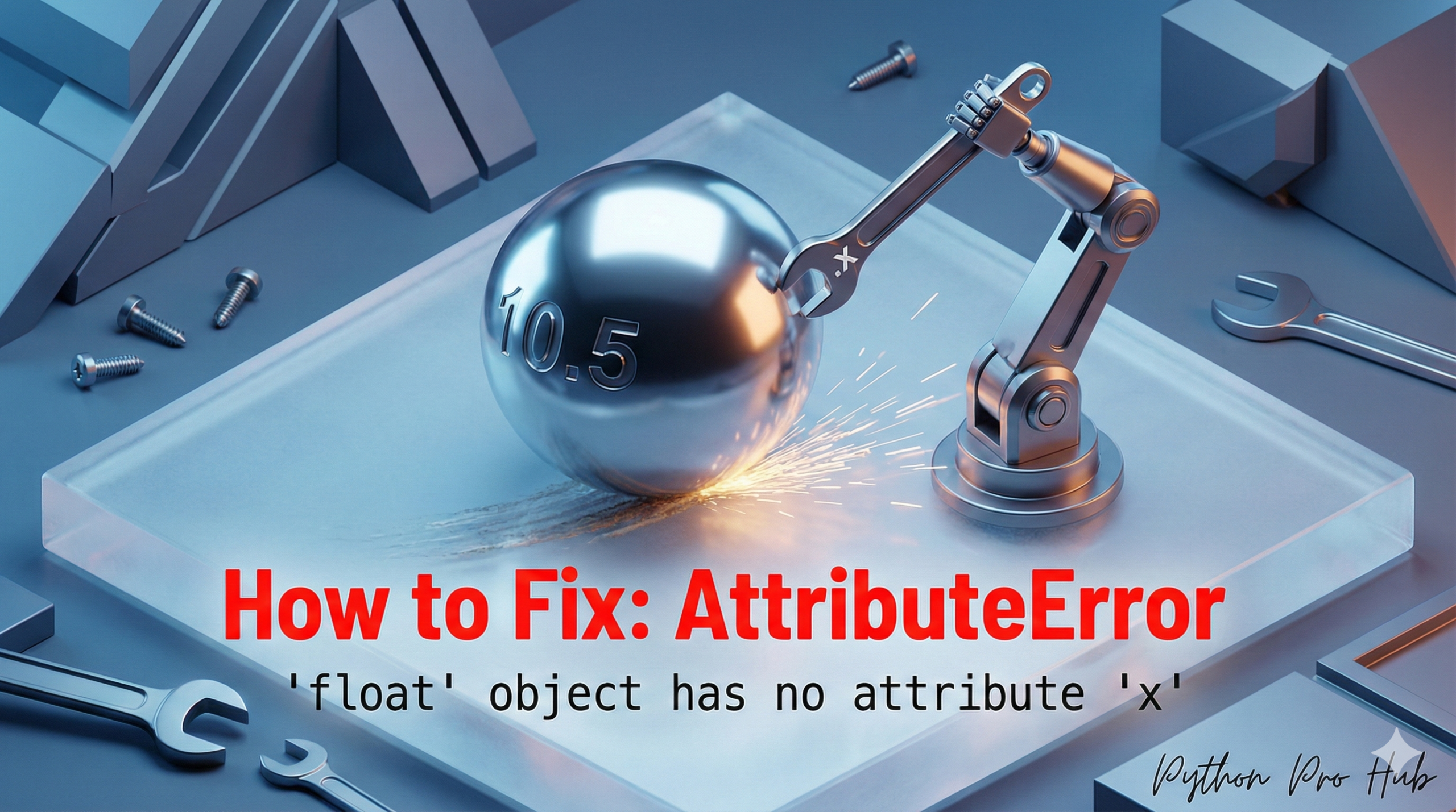 3D illustration of a robot trying to attach a handle to a smooth chrome sphere, representing the float object attribute error.