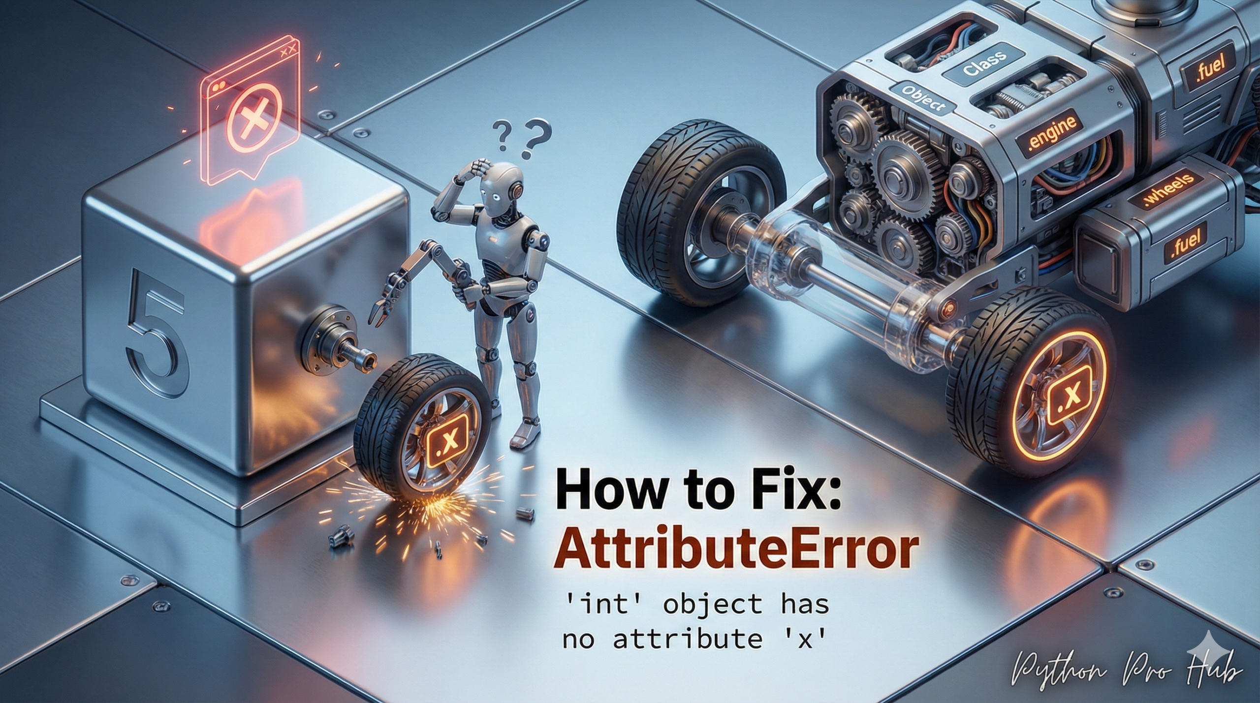 3D illustration of a mechanic failing to bolt a wheel onto a solid number block, representing the int object has no attribute error.