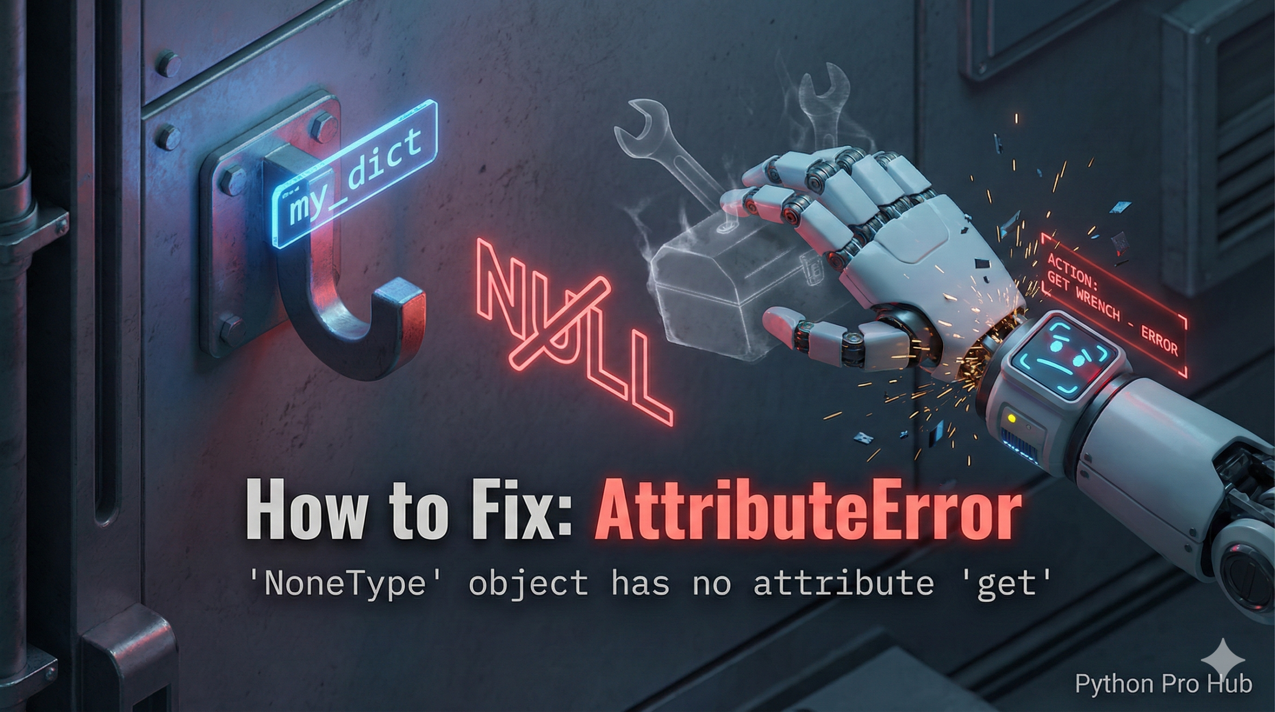 3D illustration of a robot trying to pull a tool from an empty hook, representing the NoneType has no attribute get error.