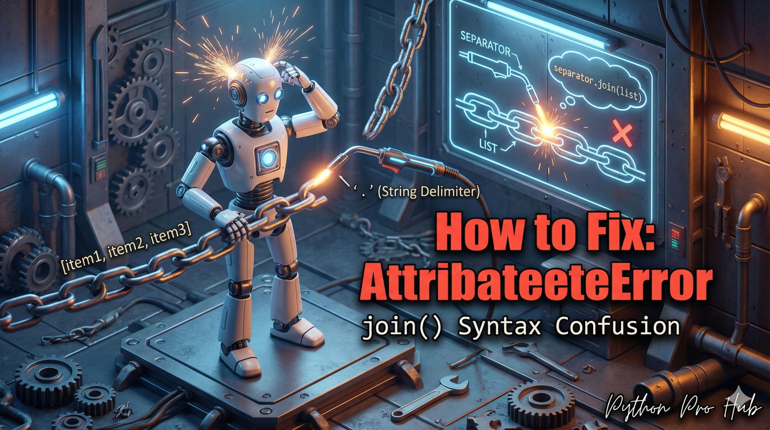 3D illustration of a robot confused about whether the chain or the torch does the joining, representing the Python AttributeError str join syntax error.