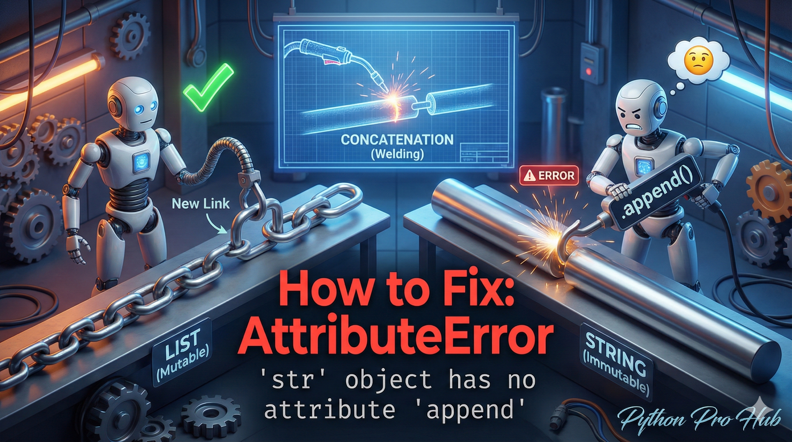 3D illustration of a robot failing to hook a link onto a solid steel rod, representing the AttributeError str append error.