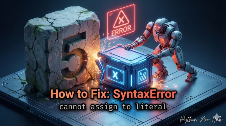 3D illustration of a robot trying to push a variable crate into a solid stone number, representing the assign to literal error.