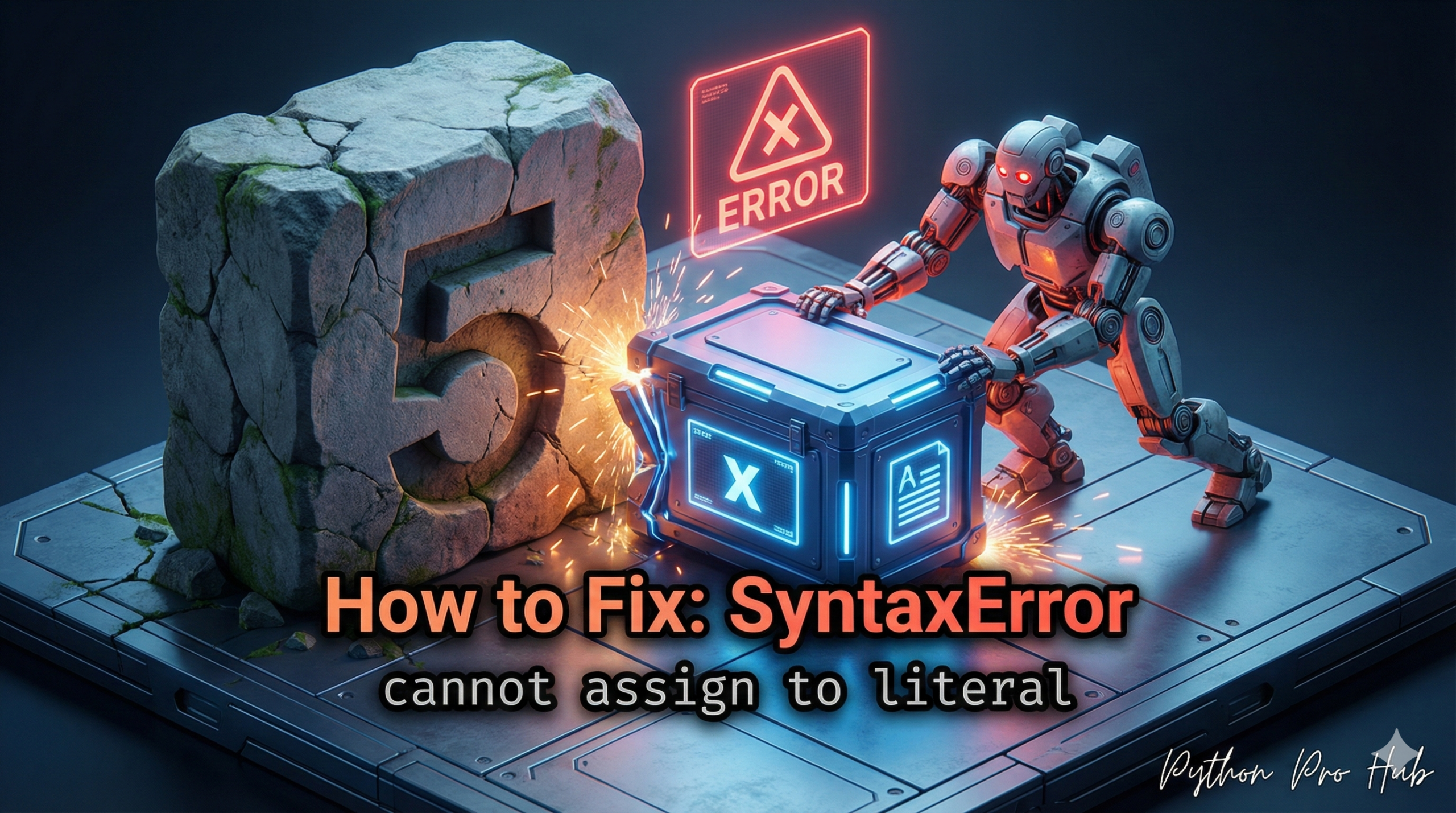 3D illustration of a robot trying to push a variable crate into a solid stone number, representing the assign to literal error.