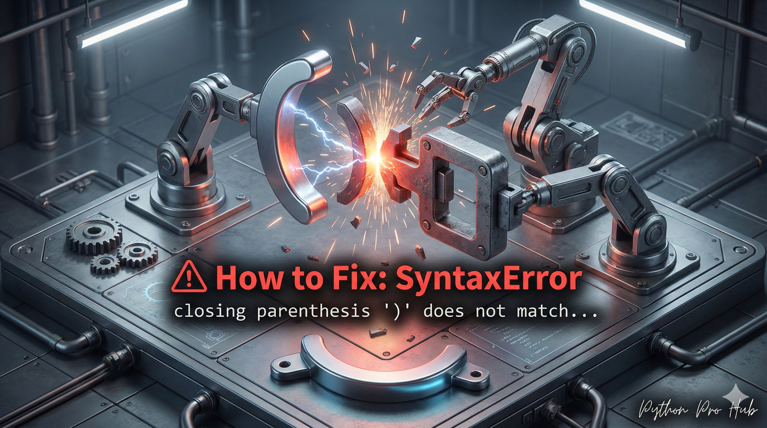 3D illustration of a robot trying to lock a curved bracket with a square bracket, representing the mismatched SyntaxError closing parenthesis.