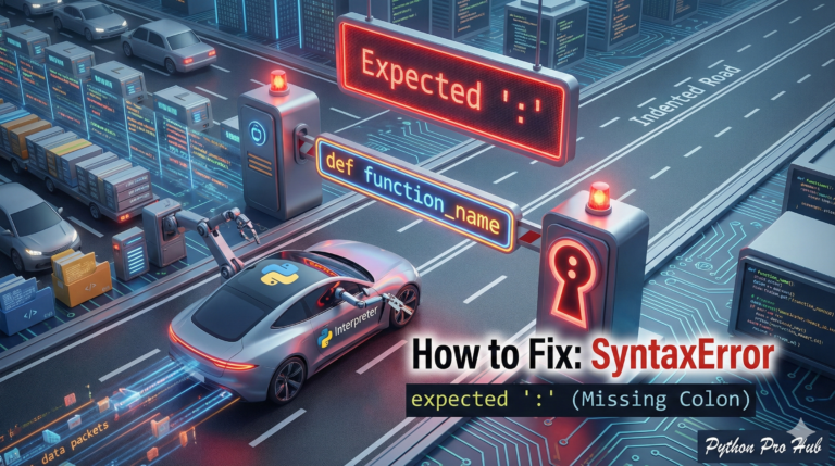 3D illustration of a car stopped at a gate because the colon-shaped key is missing, representing the expected colon syntax error.