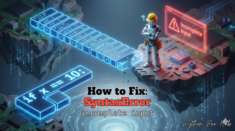 3D illustration of a bridge stopping mid-air with a robot waiting at the edge, representing the incomplete input syntax error.