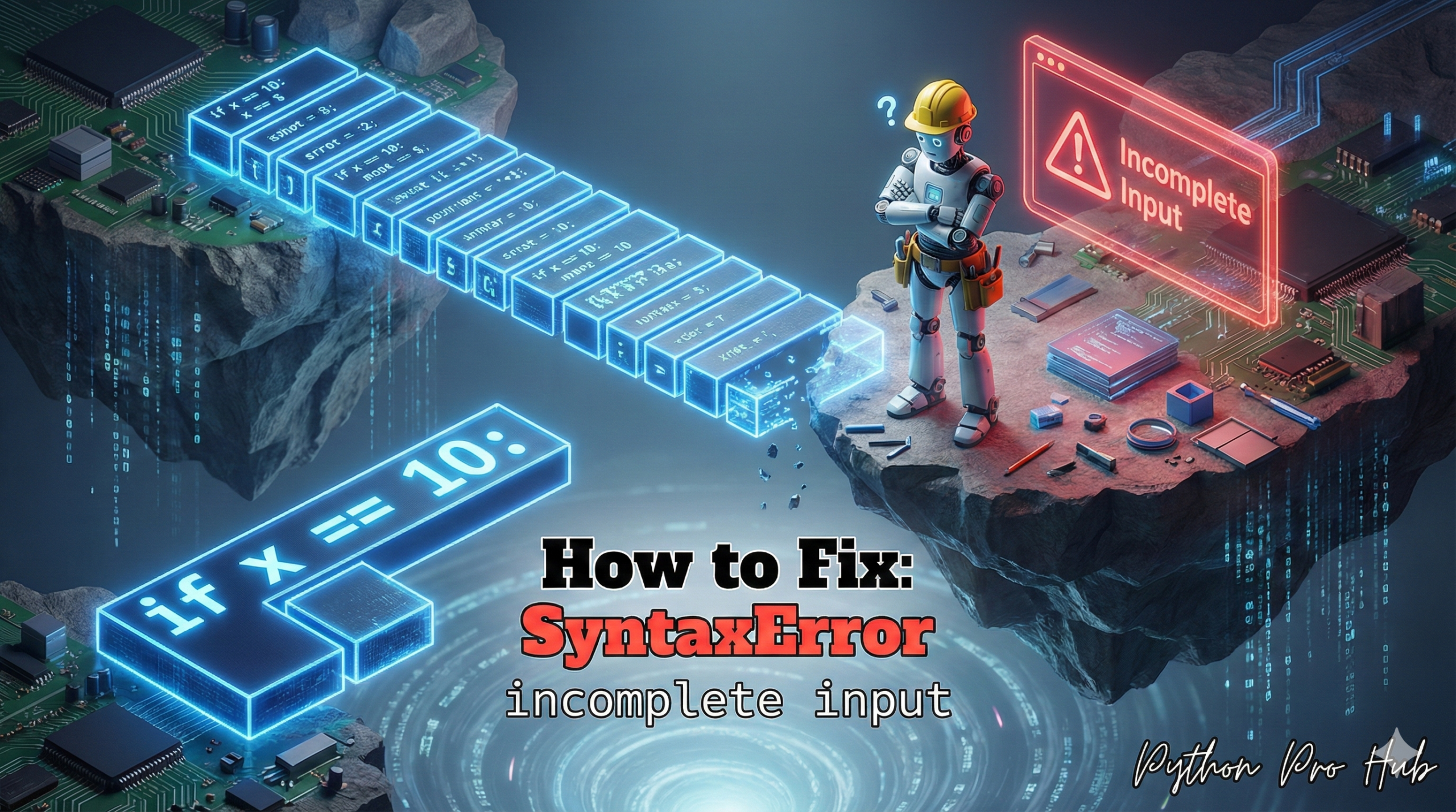 3D illustration of a bridge stopping mid-air with a robot waiting at the edge, representing the incomplete input syntax error.
