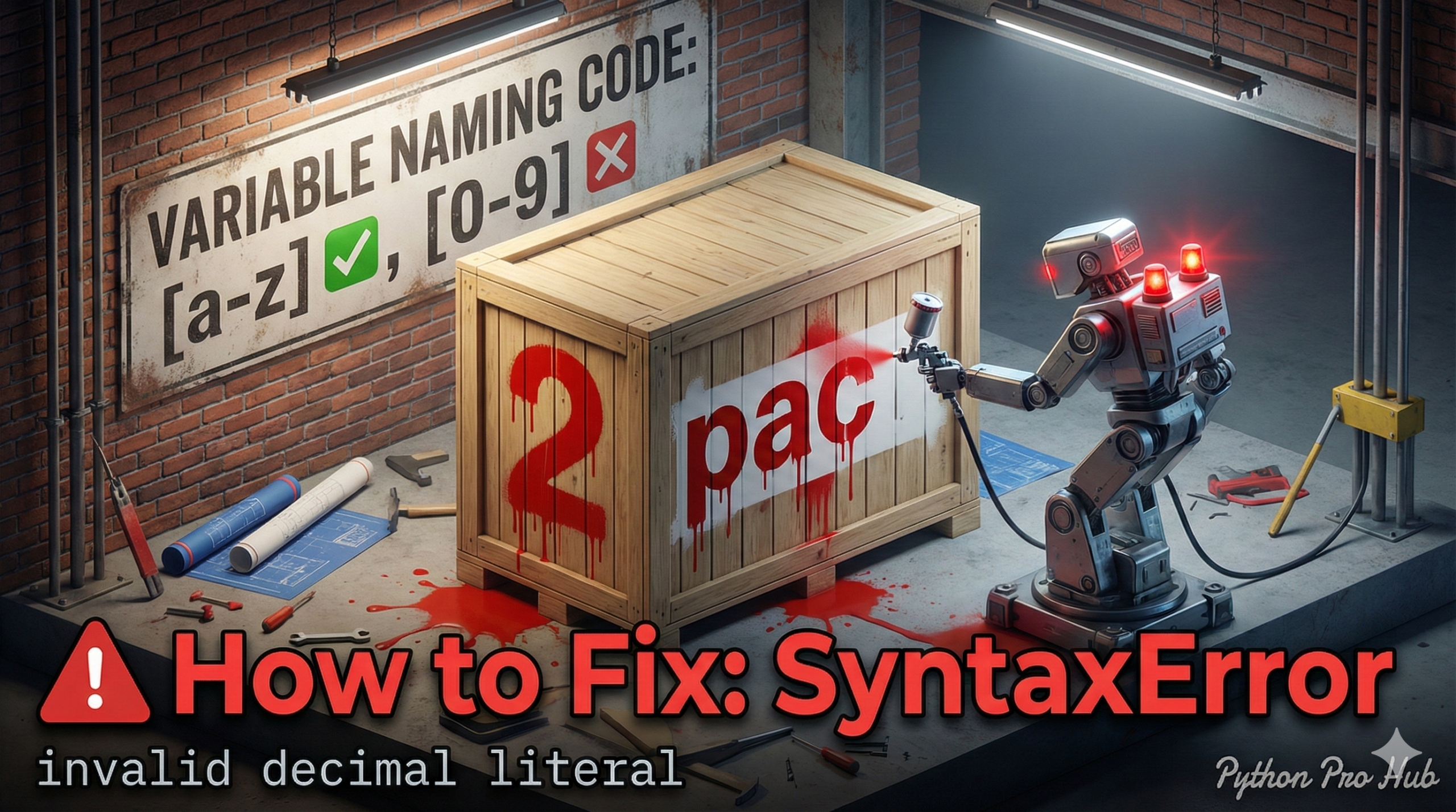 3D illustration of a robot failing to paint a variable name starting with a number, representing the invalid decimal literal error.