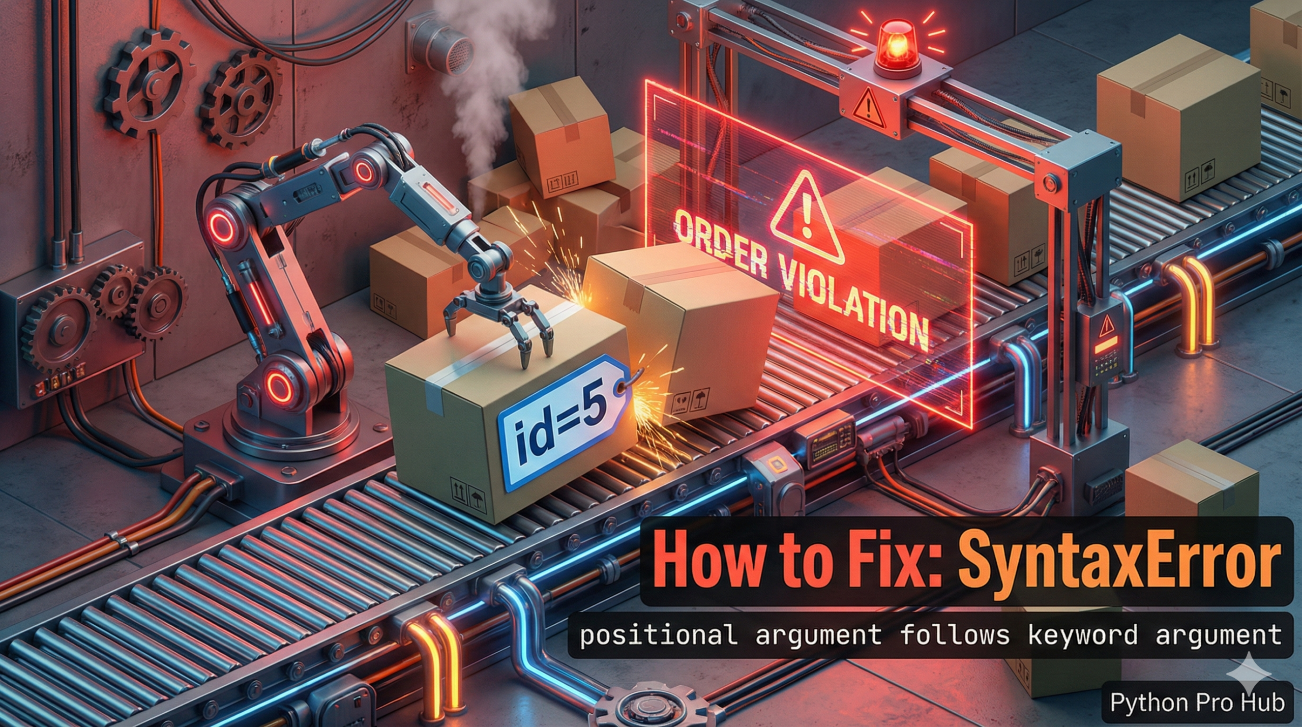 3D illustration of a labeled box blocking an unlabeled box on a conveyor belt, representing the positional argument syntax error.