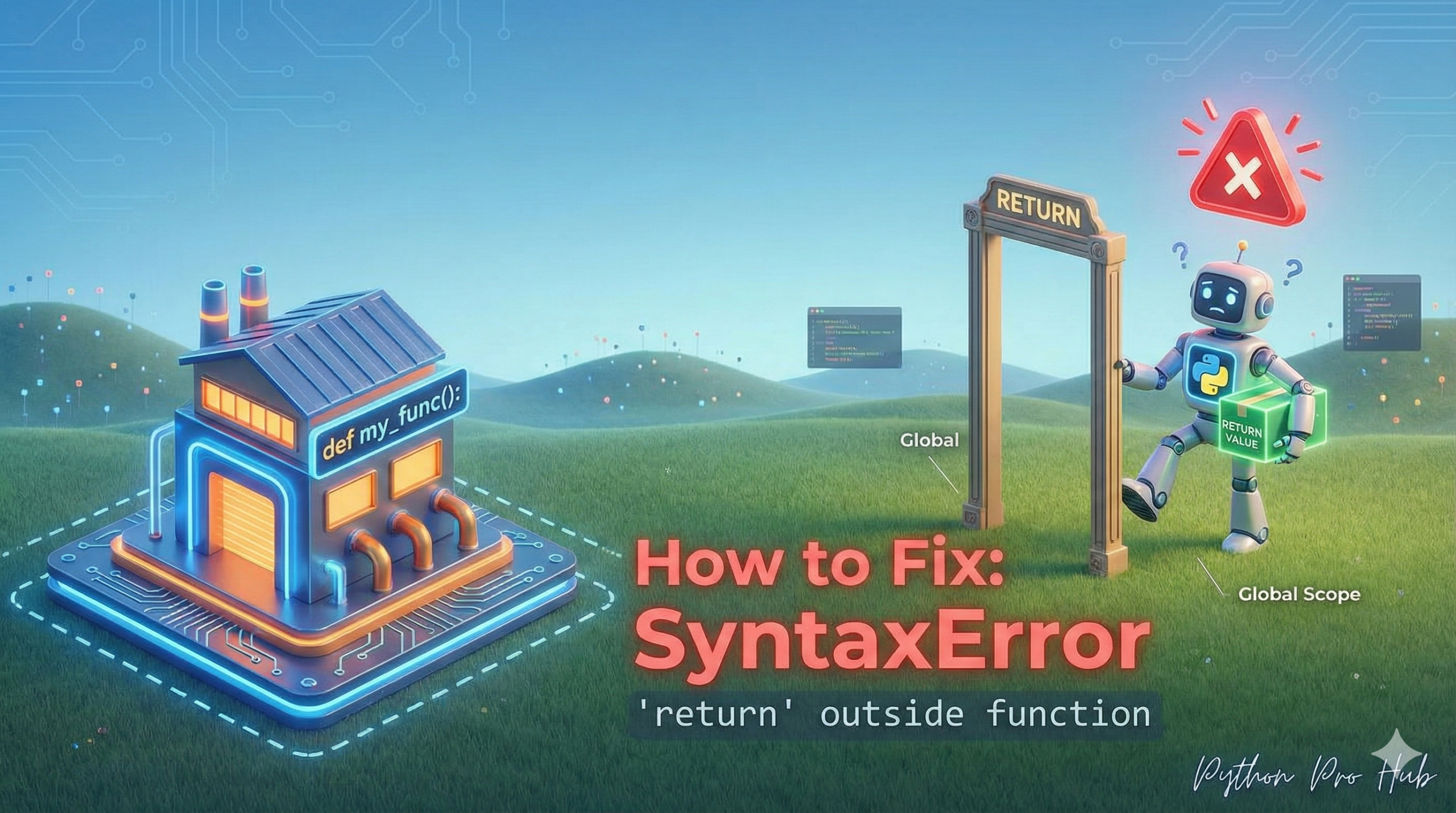 3D illustration of a robot trying to use a return door in an empty field instead of inside a building, representing the return outside function error.
