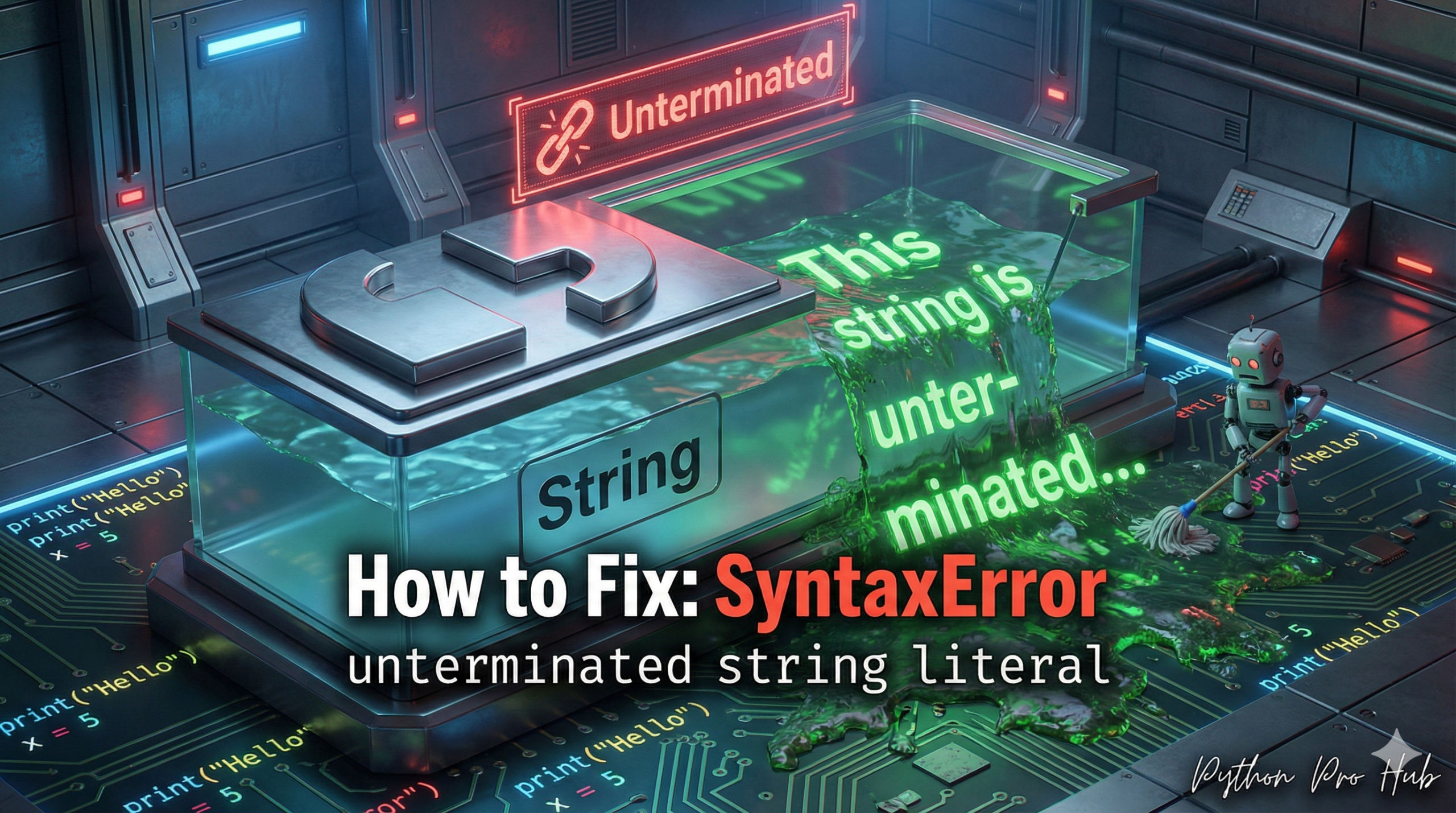 3D illustration of text liquid spilling out of a tank that is missing its right lid, representing the unterminated string literal error.