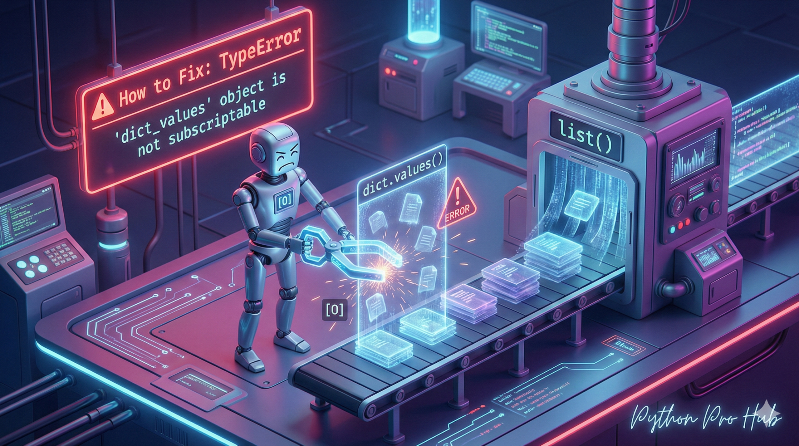 3D illustration of a robot's tool passing through a holographic dict_values object, representing the not subscriptable error.