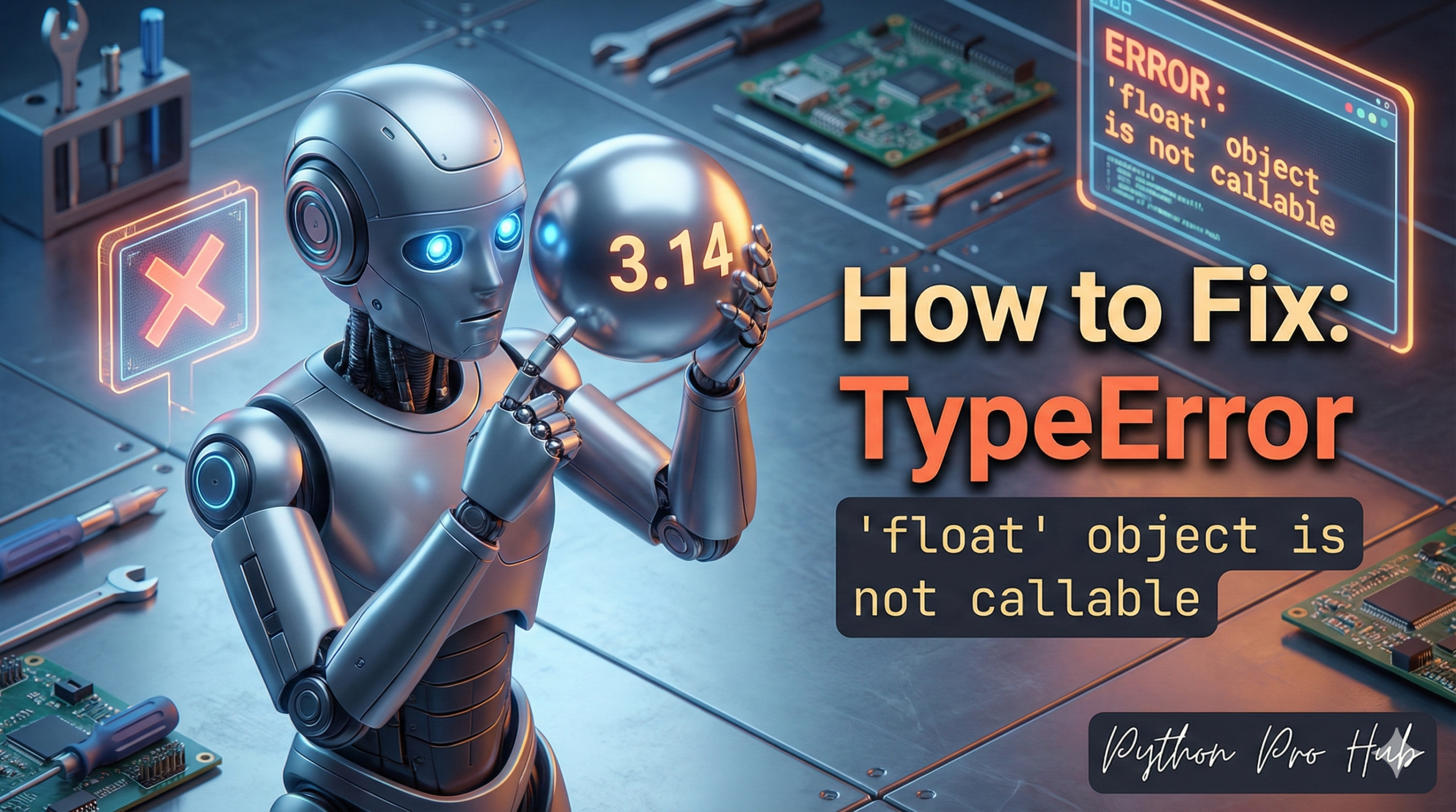 3D illustration of a robot trying to use a metal sphere as a walkie-talkie, representing the float object is not callable error.
