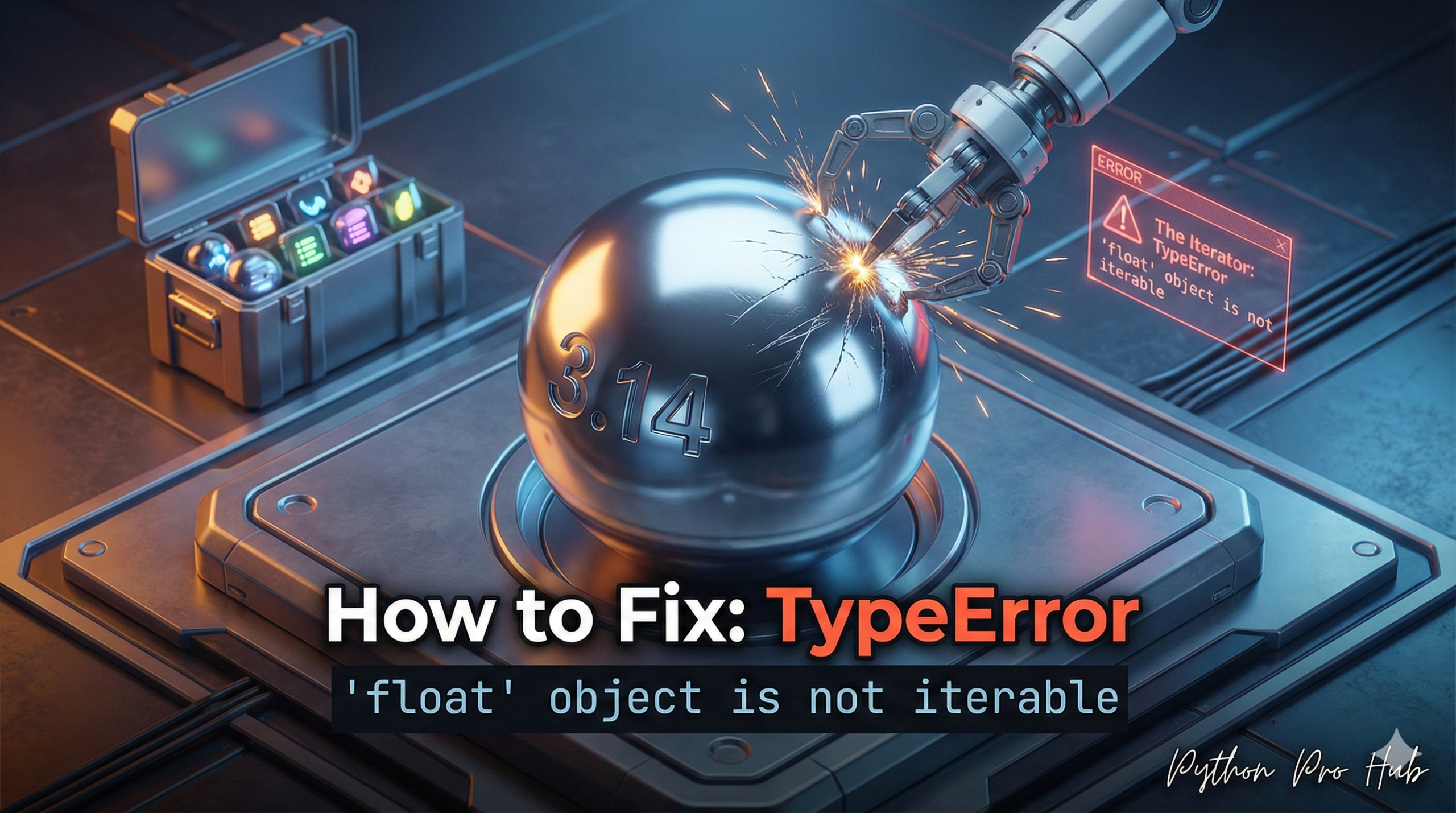 3D illustration of a robot failing to peel a solid metal sphere, representing the float object is not iterable error.