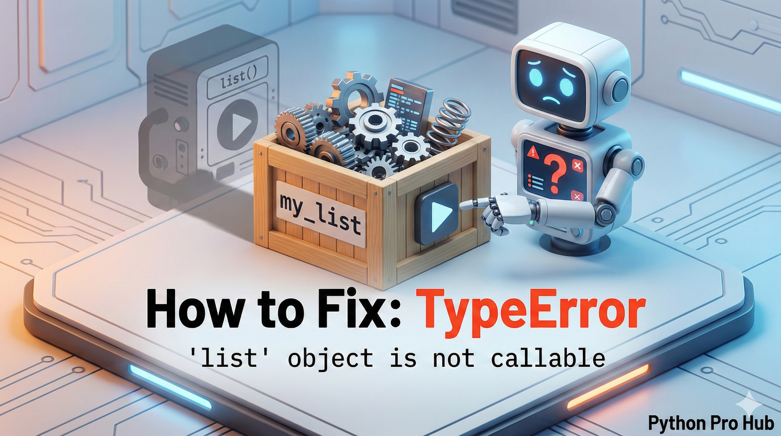 3D illustration of a robot trying to press a play button on a storage crate, representing the list not callable error.