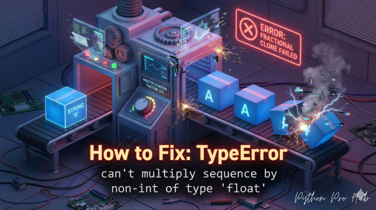 3D illustration of a cloning machine trying to produce two and a half boxes and failing, representing the TypeError multiply sequence by float error.