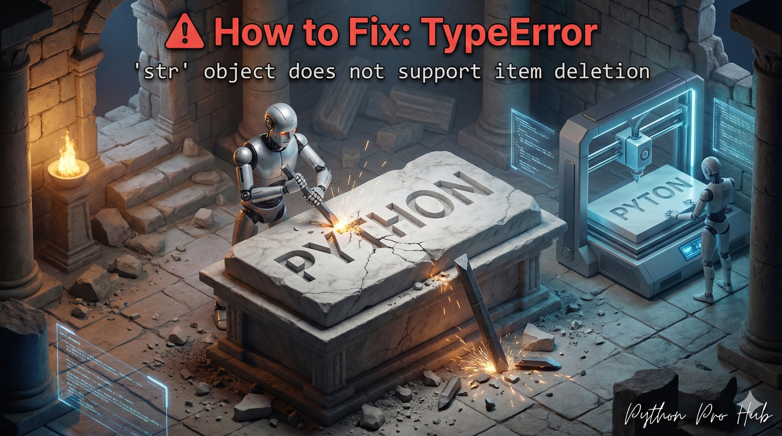 3D illustration of a robot's chisel breaking while trying to remove a letter from a stone slab, representing the typeError str item deletion error.
