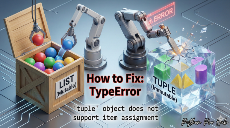 3D illustration of a robot's tool breaking against a solid diamond block, representing the tuple object does not support item assignment error.