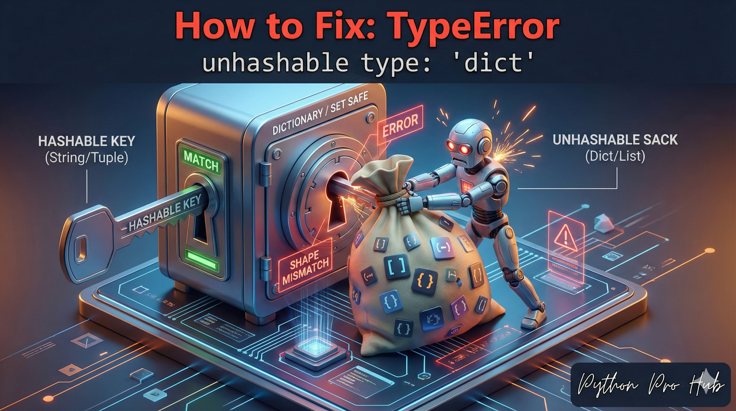 3D illustration of a robot trying to unlock a safe using a soft sack instead of a metal key, representing the unhashable type dict error.