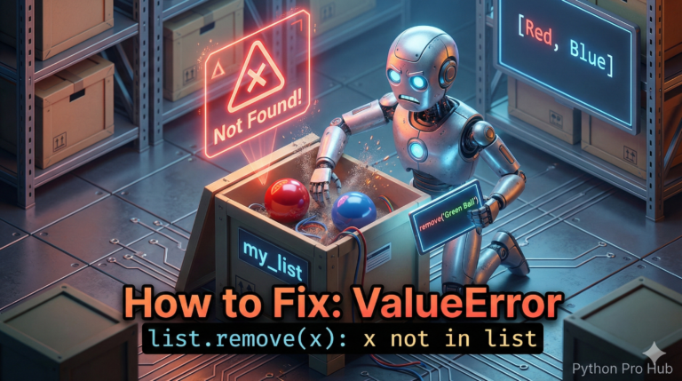 3D illustration of a robot trying to remove a Green Ball from a box that only contains Red and Blue balls, representing the ValueError list.remove.