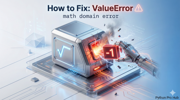 3D illustration of a square root machine rejecting a negative number block, representing the ValueError math domain error.