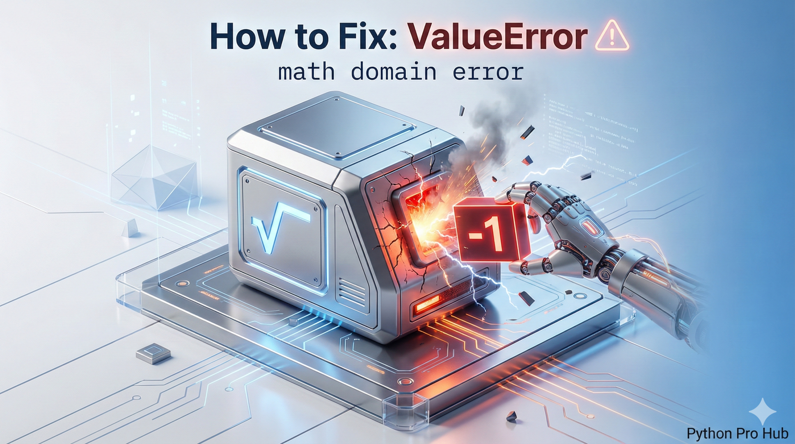 3D illustration of a square root machine rejecting a negative number block, representing the ValueError math domain error.