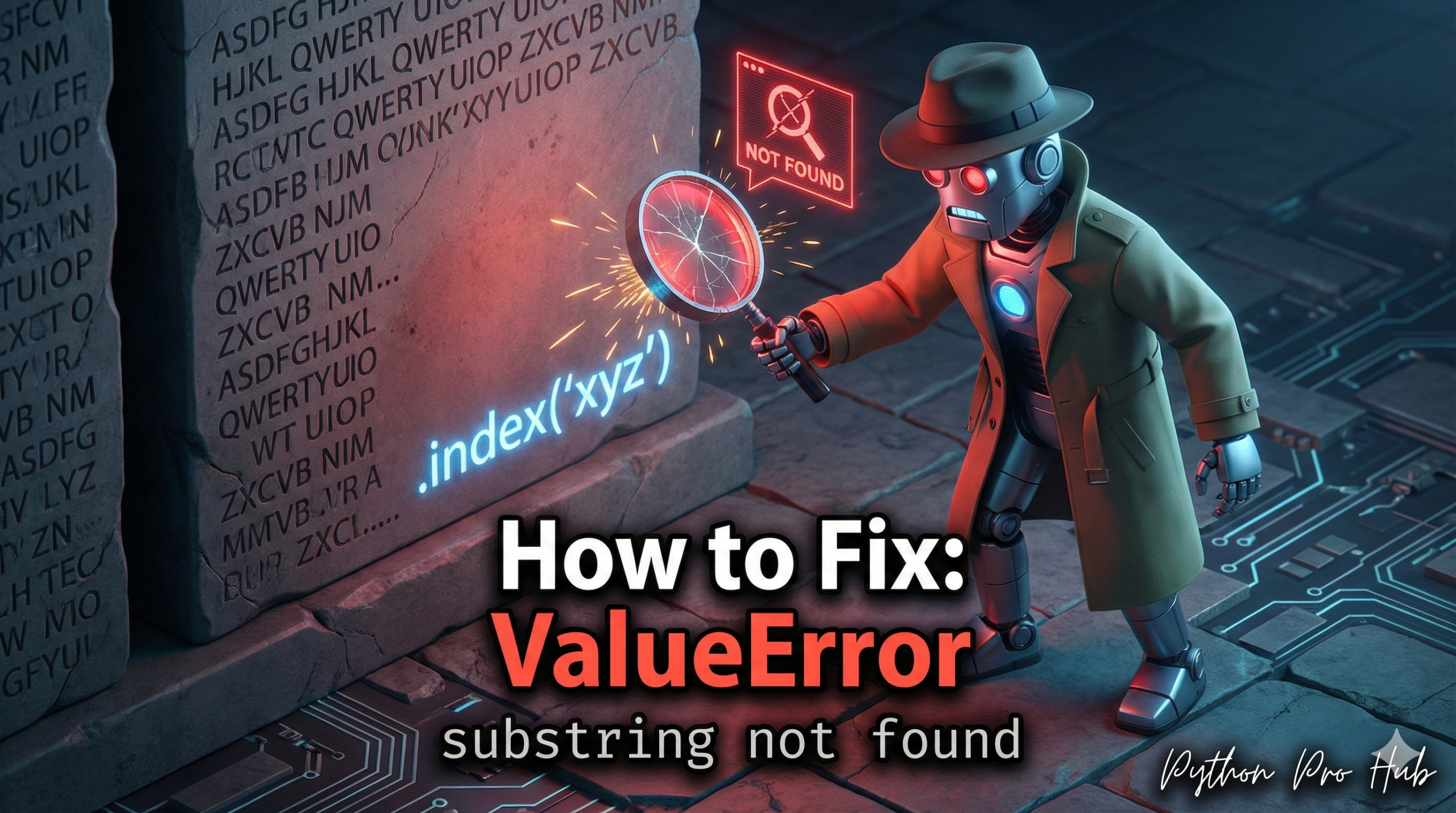 3D illustration of a detective robot failing to find a specific pattern on a wall of text, representing the substring not found error.