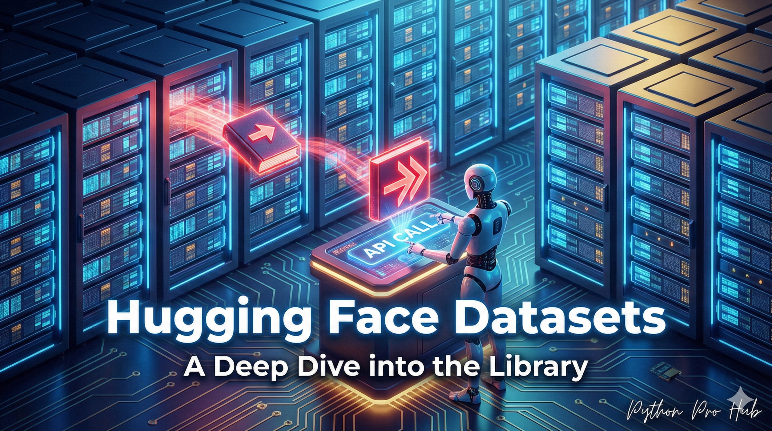 3D isometric illustration of a robot instantly summoning data from an infinite server library, representing the Hugging Face datasets library.