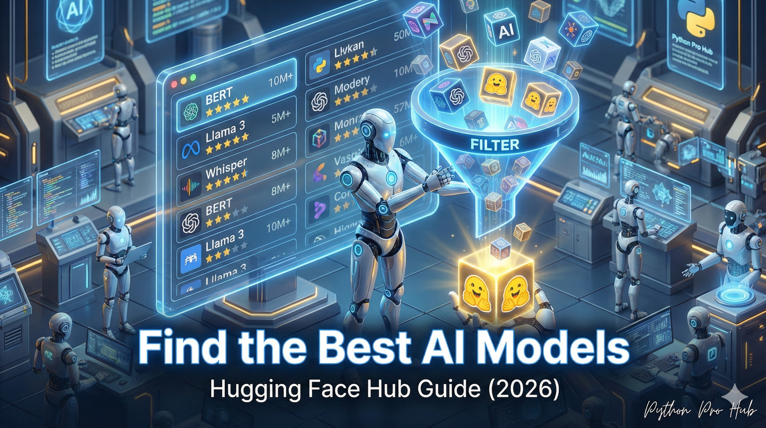3D isometric illustration of a robot using a filter on a holographic leaderboard to find the best AI model, representing the Hugging Face Hub.